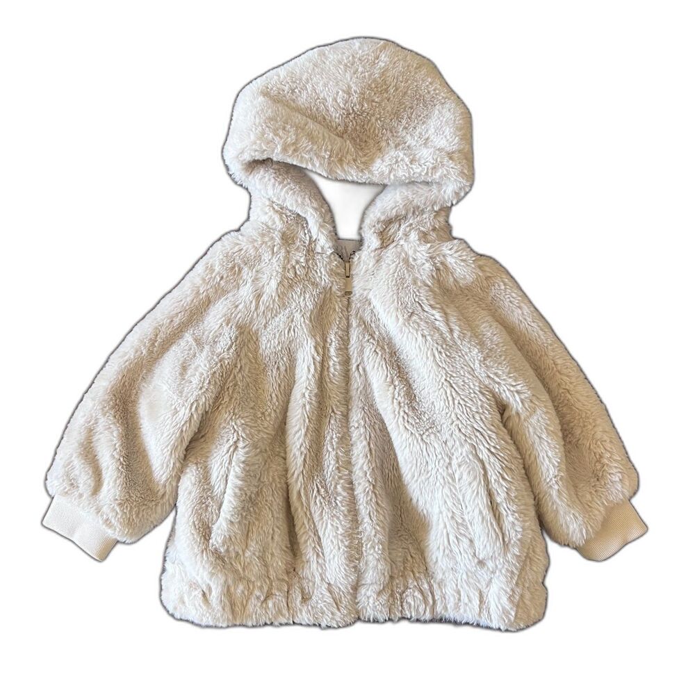 Zara Baby 18-24M Cream Faux Fur Hooded Jacket Gingham Lined Cozy Coat